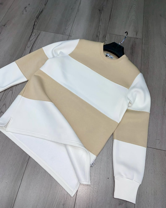 Color Block Sweatshirt Beige White Crew Neck