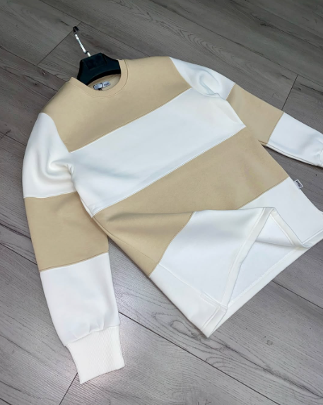 Color Block Sweatshirt Beige White Crew Neck