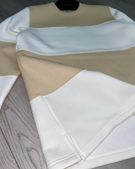 Color Block Sweatshirt Beige White Crew Neck