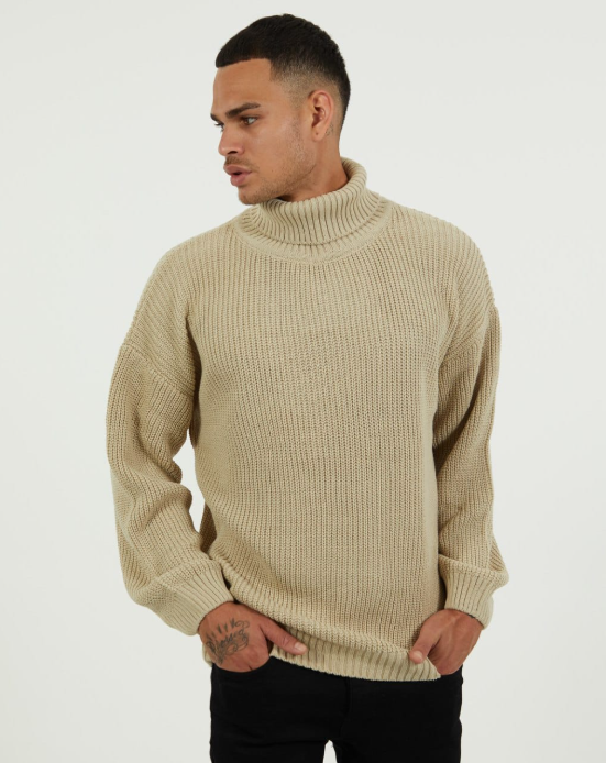 Sweater Turtleneck Beige Chunky Knit Oversized