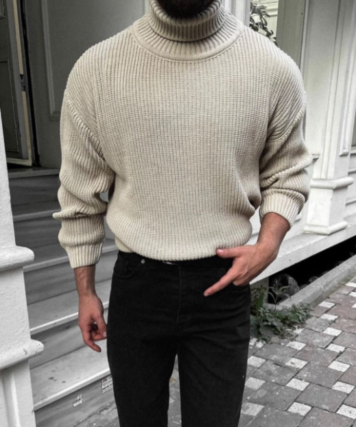 Sweater Turtleneck Beige Chunky Knit Oversized