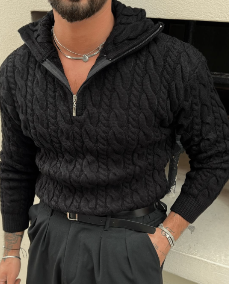 Sweater Cable Knit Half Zip Hooded