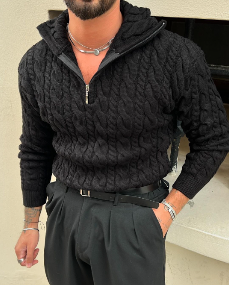 Sweater Cable Knit Half Zip Hooded