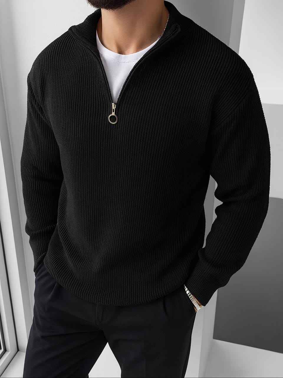 Shirt Ribbed Half-Zip Knit Pullover
