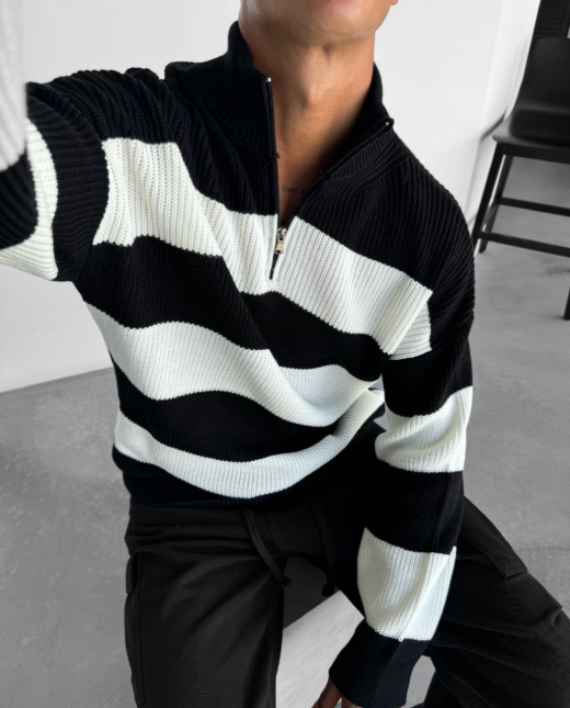 Sweater Striped Half Zip Black White Ribbed