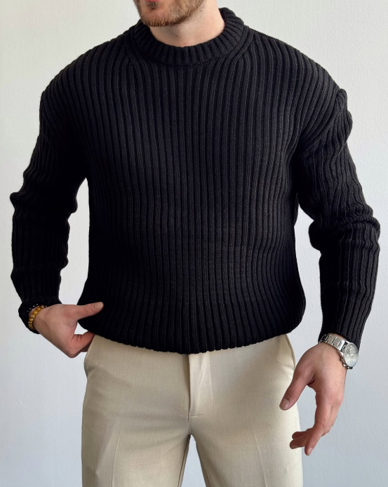 Wool Chunky Ribbed Knit Sweater Crew Neck