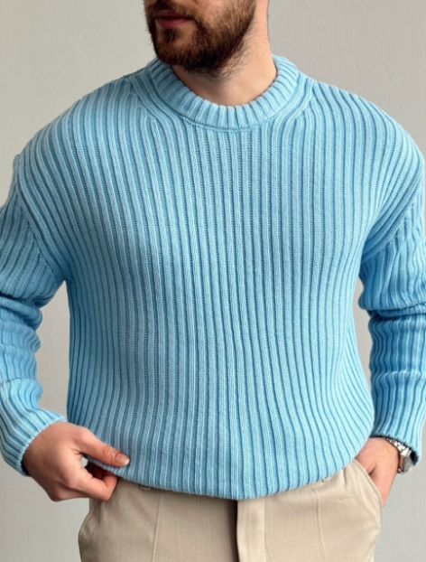 Wool Chunky Ribbed Knit Sweater Crew Neck