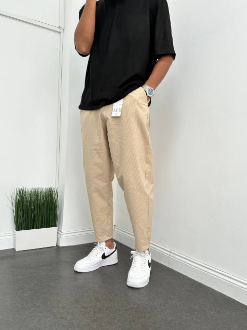 Trousers Boyfriend Cut Striped Seersucker Fabric