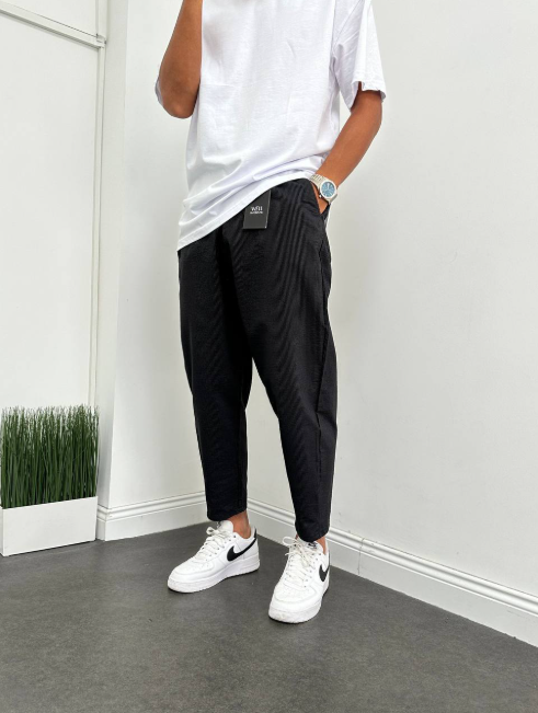 Trousers Boyfriend Cut Striped Seersucker Fabric