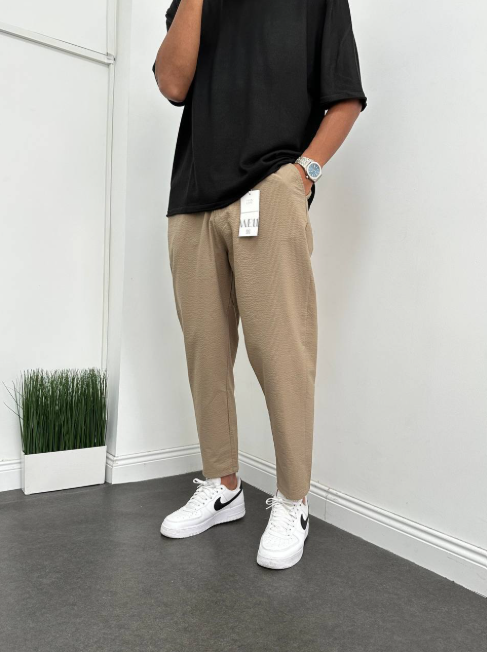 Trousers Boyfriend Cut Striped Seersucker Fabric