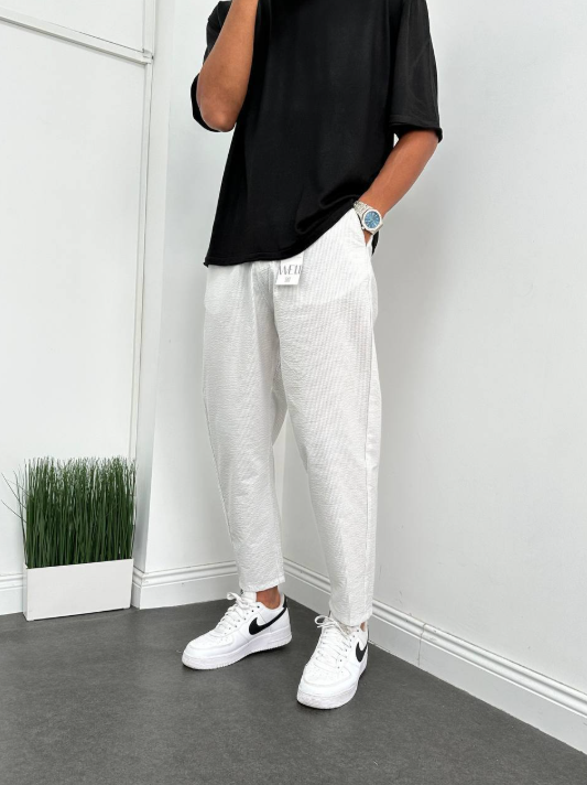 Trousers Boyfriend Cut Striped Seersucker Fabric