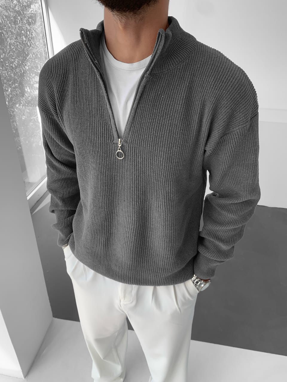 Shirt Ribbed Half-Zip Knit Pullover