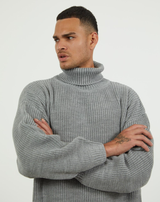 Turtleneck Sweater Grey Chunky Knit Pullover