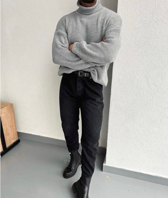 Turtleneck Sweater Grey Chunky Knit Pullover