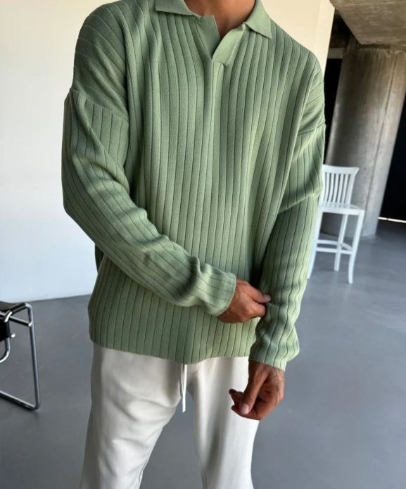 Ribbed Knit Polo Sweater Long Sleeve Collar