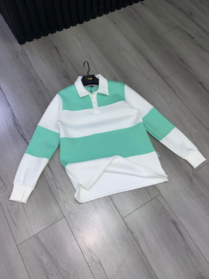 Green Stripe Polo Shirt with White Collar Cotton