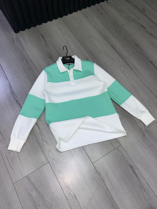 Green Stripe Polo Shirt with White Collar Cotton