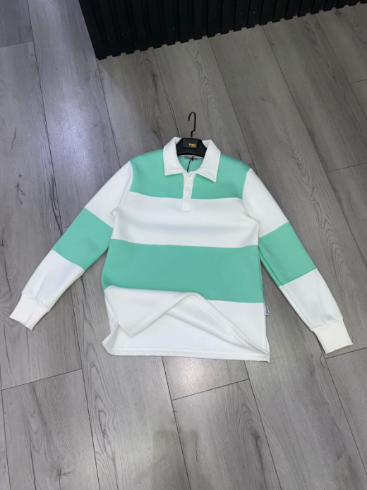 Green Stripe Polo Shirt with White Collar Cotton