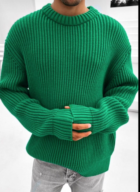 Chunky Ribbed Sweater Green Oversized Crew Neck