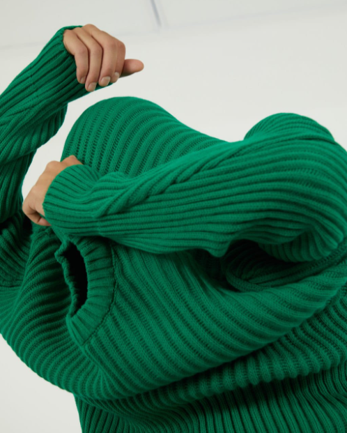 Chunky Ribbed Sweater Green Oversized Crew Neck