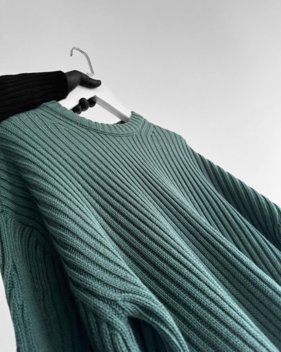 Wool Chunky Ribbed Knit Sweater Crew Neck