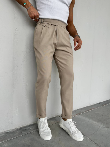 Italian Beige Slim Fit Straight Leg Pants