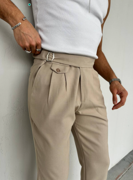 Italian Beige Slim Fit Straight Leg Pants