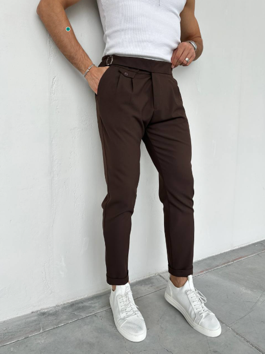 Italian Beige Slim Fit Straight Leg Pants