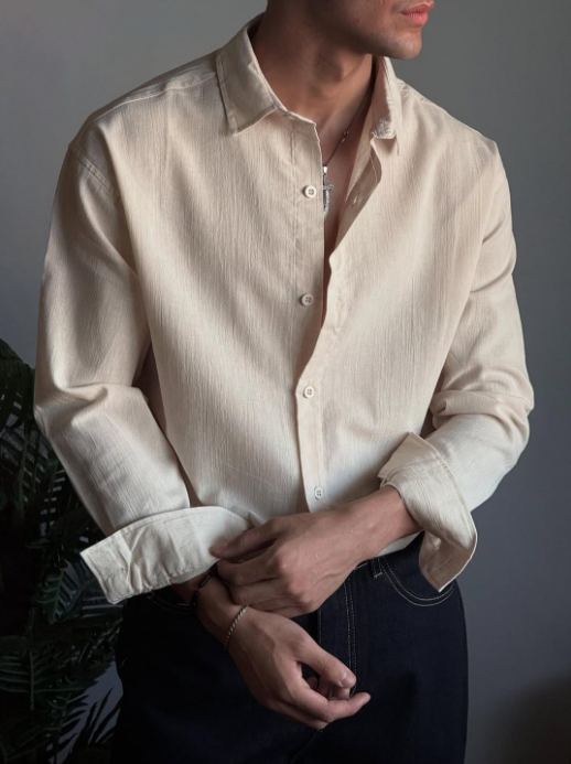 Classic Cotton Linen Chemise Textured Long Sleeve