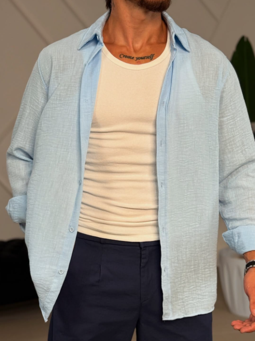 Linen Chemise Long Sleeve Light Blue Casual