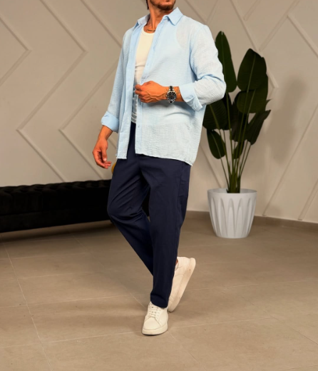 Linen Chemise Long Sleeve Light Blue Casual