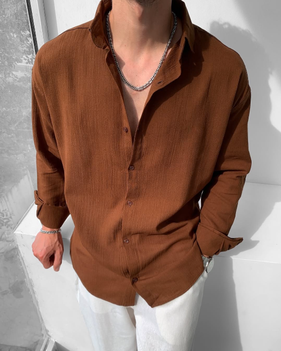 Brown Linen Chemise Long Sleeve Casual Button