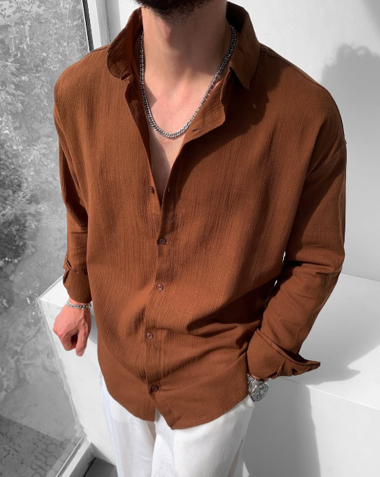 Brown Linen Chemise Long Sleeve Casual Button