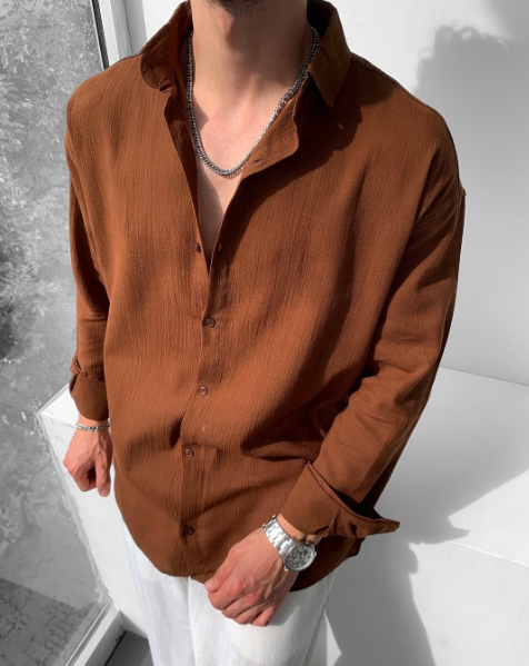 Brown Linen Chemise Long Sleeve Casual Button