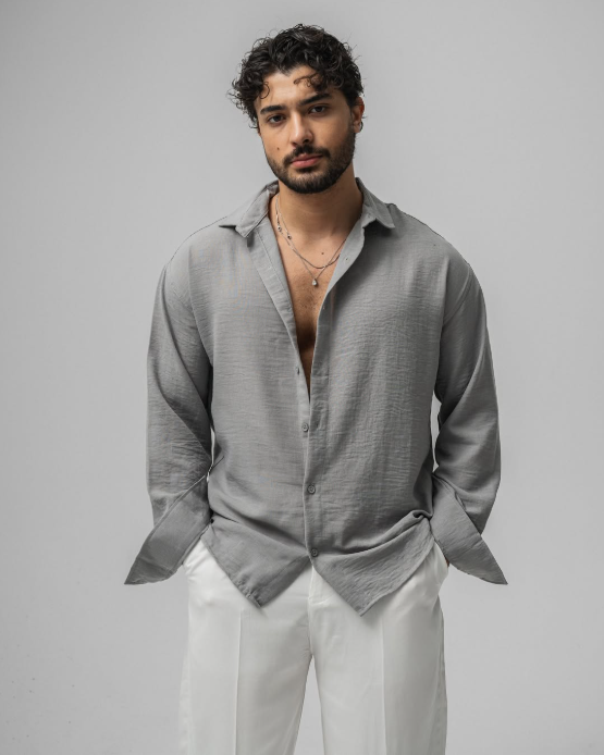 Oversized Linen Chemise Grey Long Sleeve Relaxed