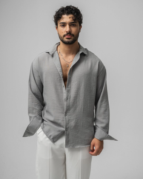 Oversized Linen Chemise Grey Long Sleeve Relaxed