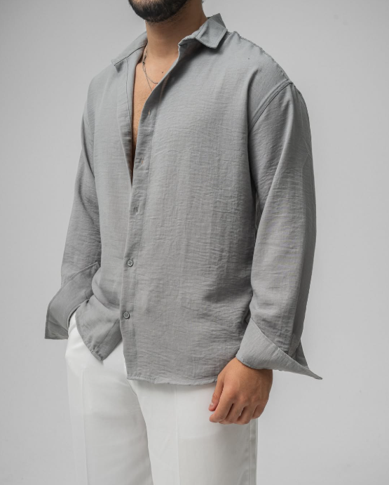 Oversized Linen Chemise Grey Long Sleeve Relaxed