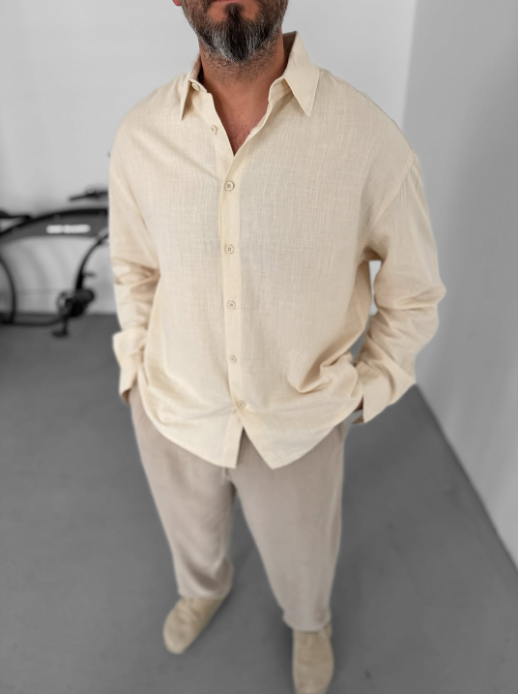Linen Button Down Chemise Cream Long Sleeve