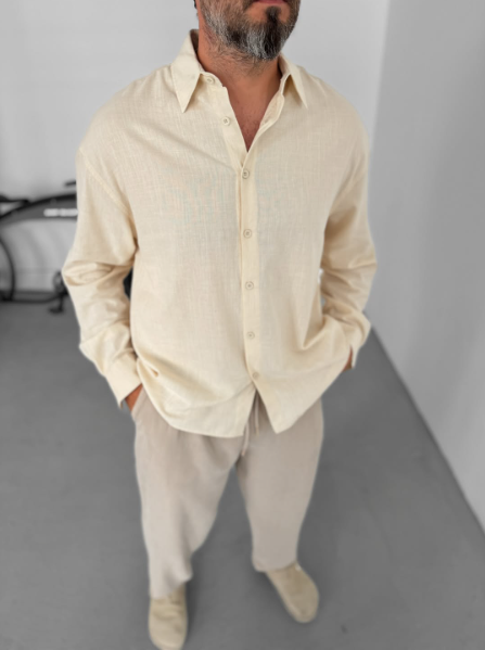 Linen Button Down Chemise Cream Long Sleeve