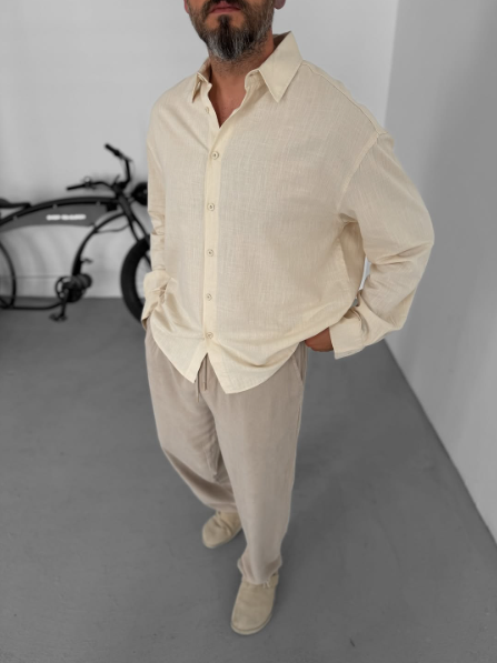 Linen Button Down Chemise Cream Long Sleeve