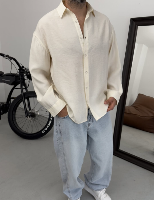 Linen Button Down Chemise Cream Long Sleeve