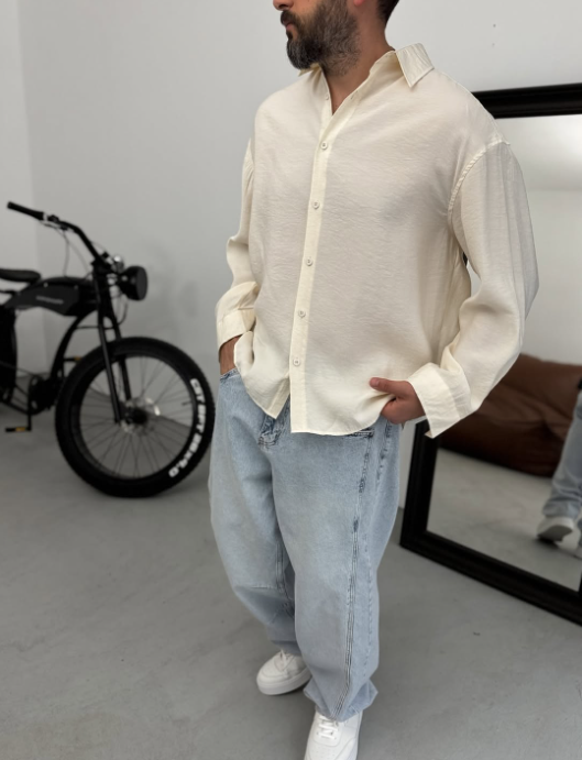 Linen Button Down Chemise Cream Long Sleeve