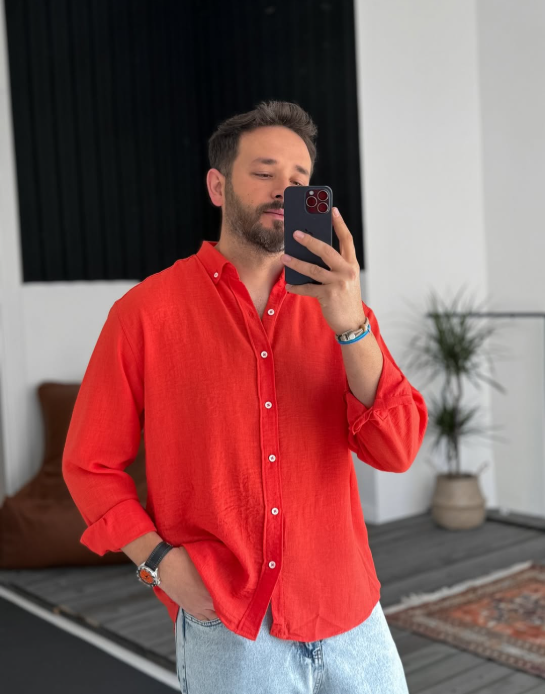 Red Linen Chemise Long Sleeve Button Down