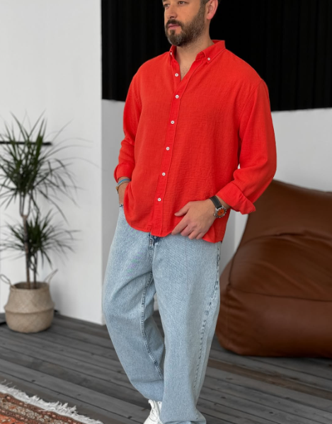 Red Linen Chemise Long Sleeve Button Down