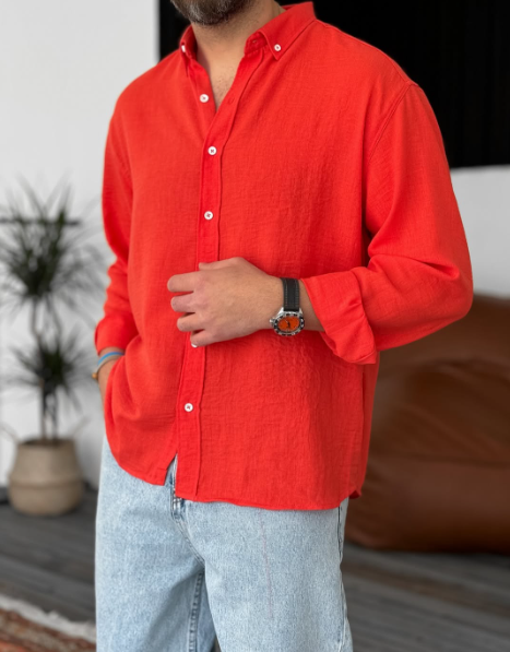 Red Linen Chemise Long Sleeve Button Down