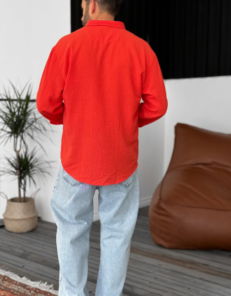 Red Linen Chemise Long Sleeve Button Down