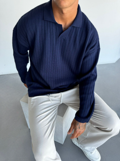 Ribbed Knit Polo Sweater Long Sleeve Collar