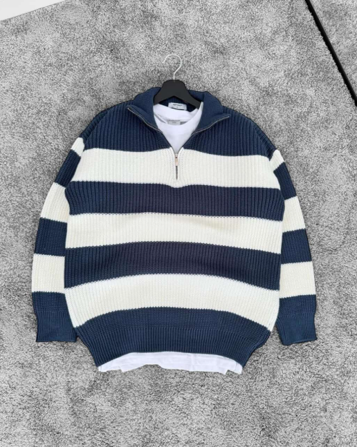 Sweater Striped Half Zip Black White Ribbed