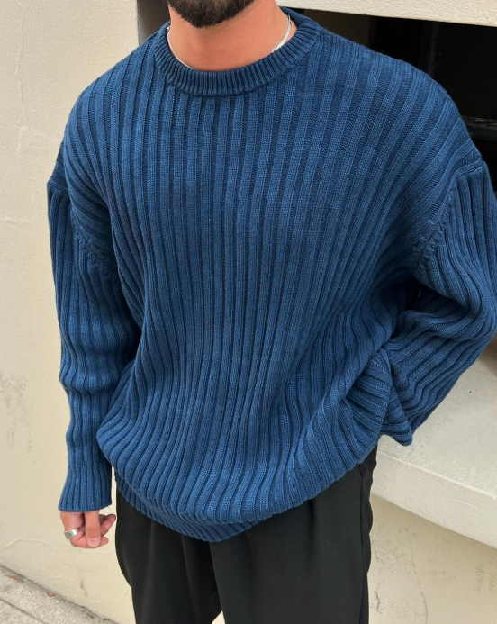 Chunky Ribbed Sweater Green Oversized Crew Neck