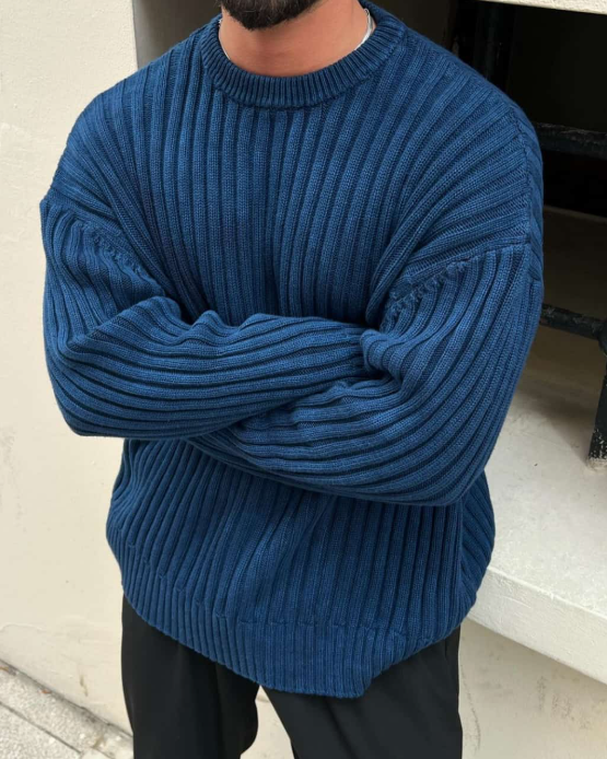 Chunky Ribbed Sweater Green Oversized Crew Neck